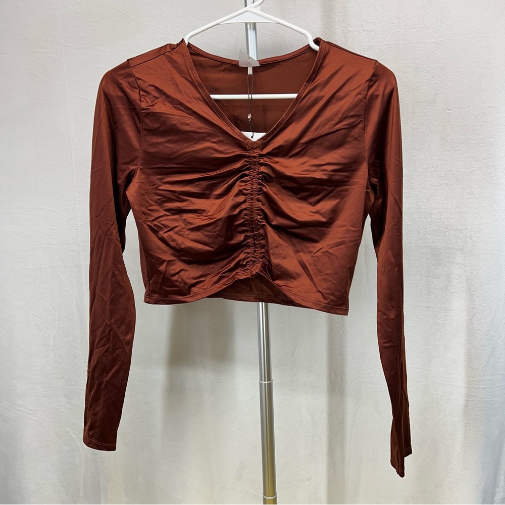 Calia‎ Ruched Rashguard Red Brown Long Sleeve Crop Top small